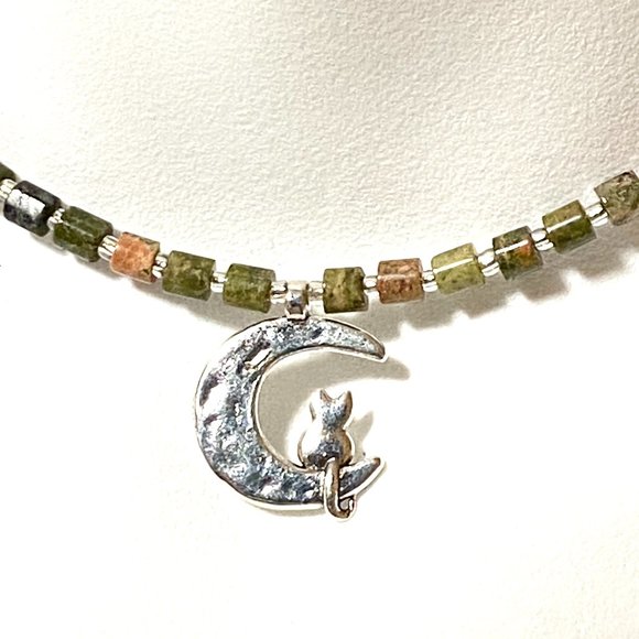 Unakite Stone Silver Cat on the Moon Necklace, Genuine Gemstone Beaded Necklace - Picture 4 of 10